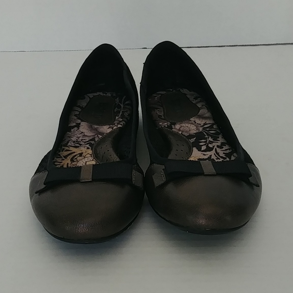 Born Shoes Women's Size 10 M Leather Flats Bow Black & Bronze Weave Pattern - Picture 5 of 8